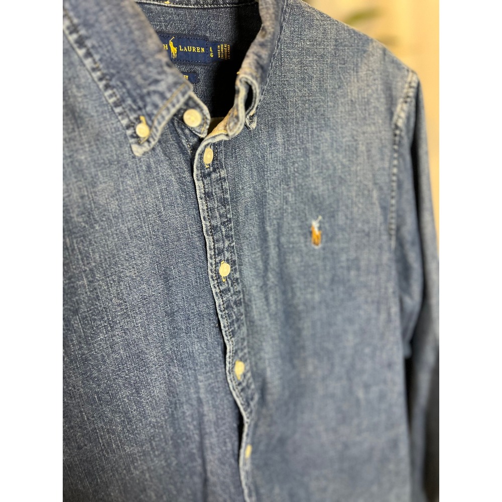 Polo Ralph Lauren Mens Custom Fit Denim Button Down Shirt Indigo Blue Large - Picture 4 of 9